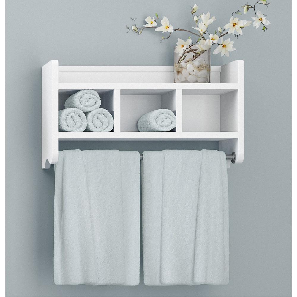 25" Bath Storage Shelf with Towel Rod, White. Picture 2