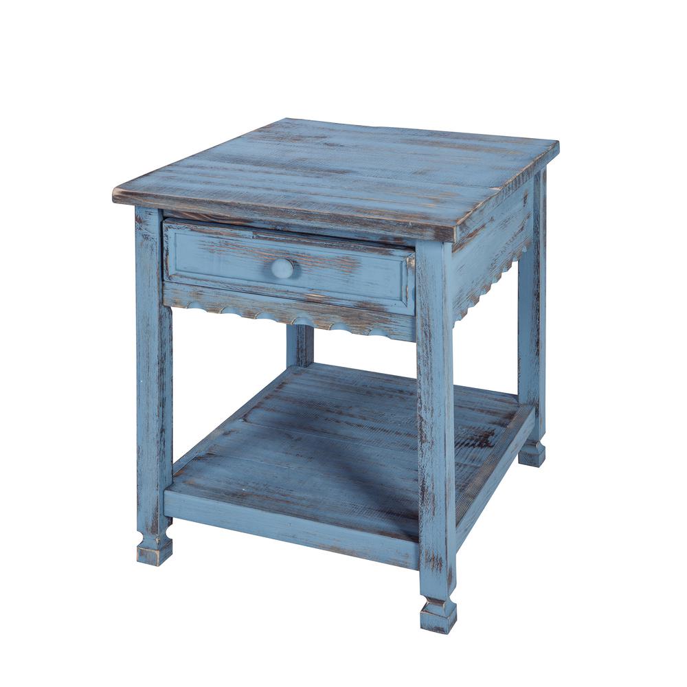 Country Cottage End Table, Rustic Blue Antique Finish. Picture 1