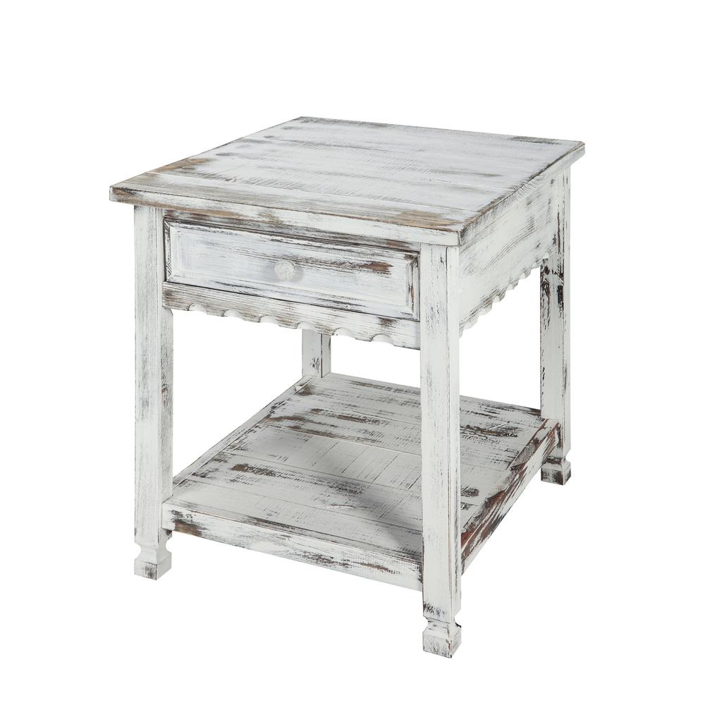 Country Cottage End Table, Rustic White Antique Finish. Picture 1