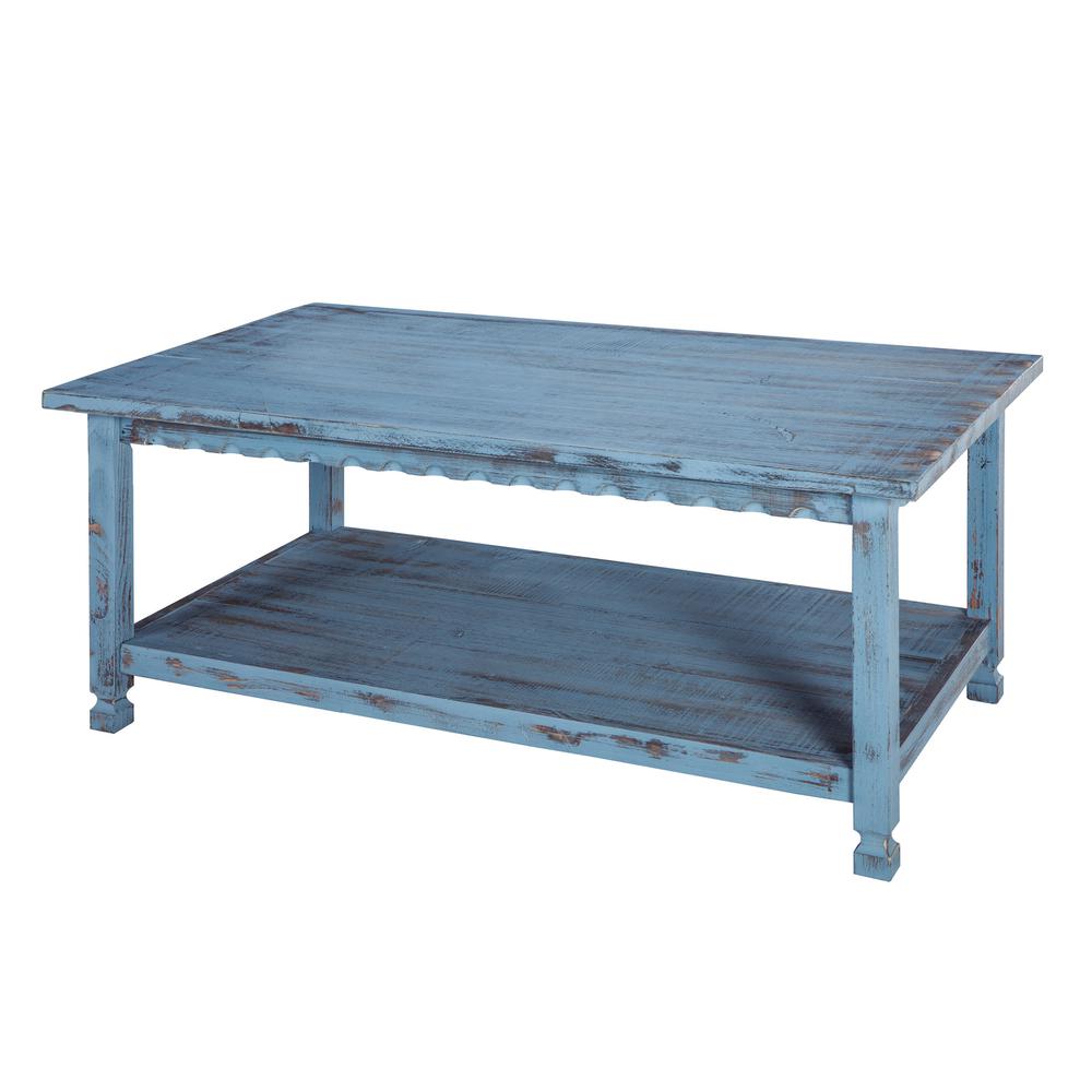 Country Cottage 42"L Coffee Table, Blue Antique Finish. Picture 1