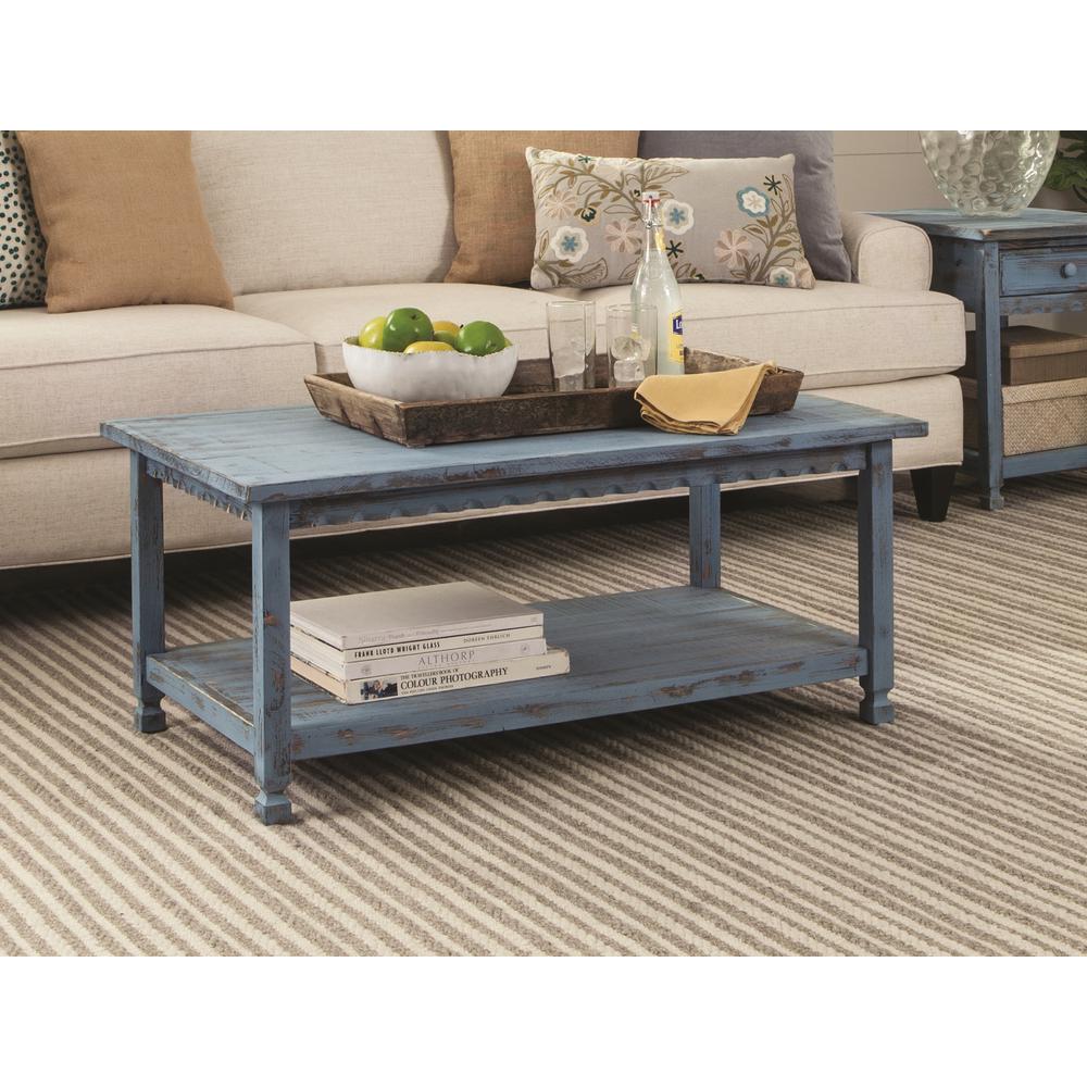 Country Cottage 42"L Coffee Table, Blue Antique Finish. Picture 2