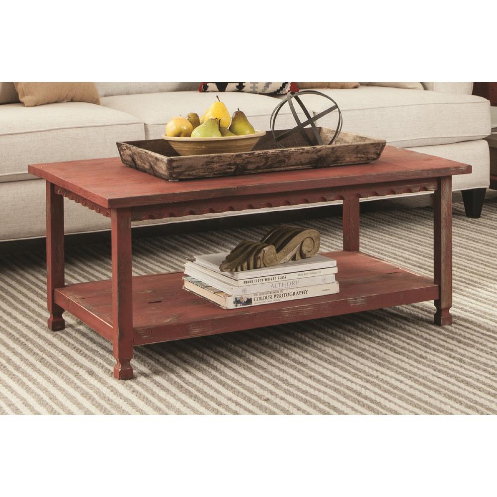 Country Cottage 42"L Coffee Table, Red Antique Finish. Picture 2