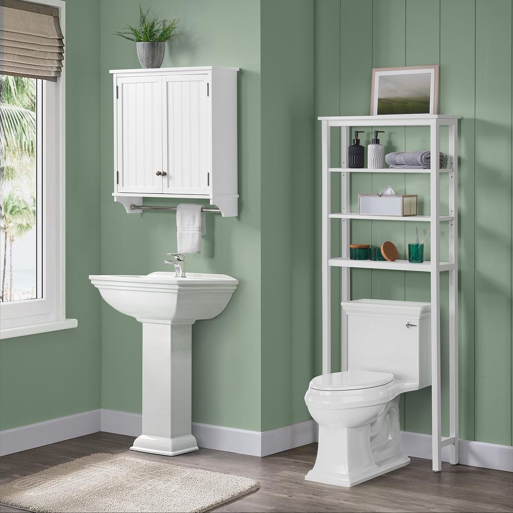 Dover Over Toilet Organizer with Open Shelving, Wall Mounted Bathroom Storage Cabinet with 2 Doors and Towel Rod. Picture 2