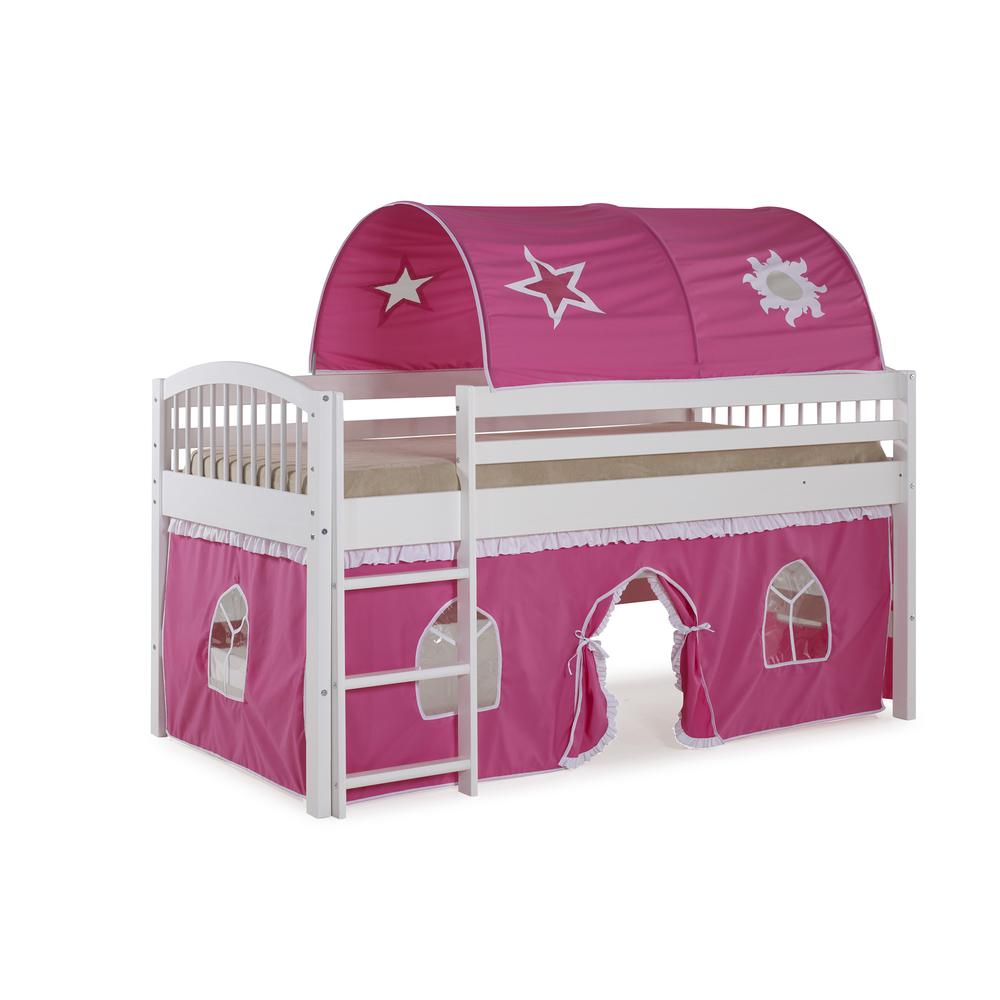 Addison White Wood Junior Loft Bed with Pink and White Tent and Playhouse, White. Picture 1