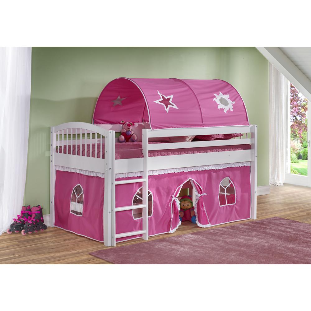 Addison White Wood Junior Loft Bed with Pink and White Tent and Playhouse, White. Picture 2