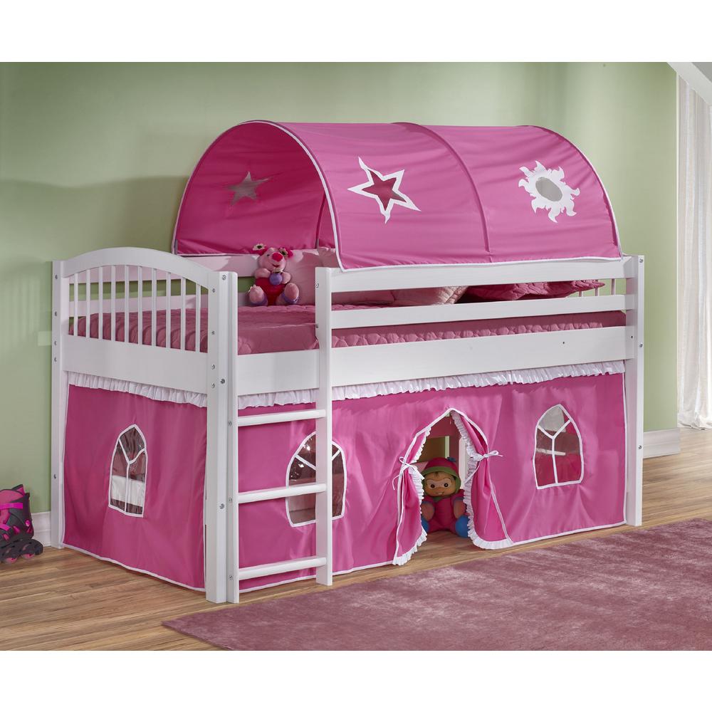 Addison White Wood Junior Loft Bed with Pink and White Tent and Playhouse, White. Picture 3