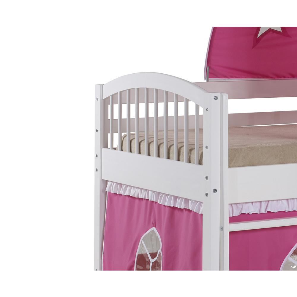 Addison White Wood Junior Loft Bed with Pink and White Tent and Playhouse, White. Picture 4