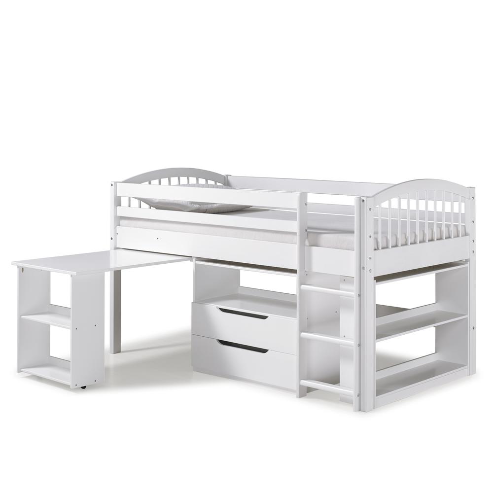 Addison White Wood Junior Loft Bed with Pink and White Tent and Playhouse, White. Picture 7