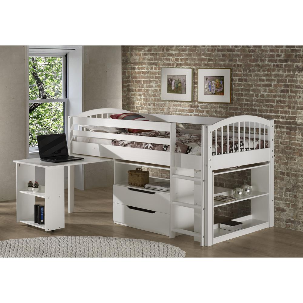 Addison White Wood Junior Loft Bed with Pink and White Tent and Playhouse, White. Picture 8