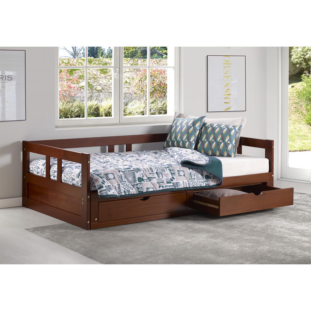 Melody Twin to King Extendable Day Bed with Storage, Chestnut. Picture 2