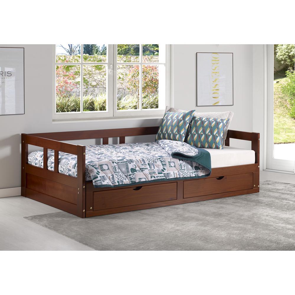 Melody Twin to King Extendable Day Bed with Storage, Chestnut. Picture 3