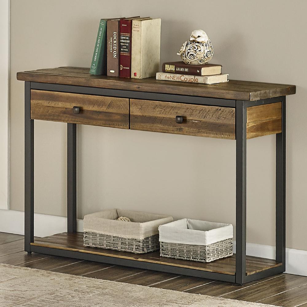 Claremont 43"L Rustic Wood Console Table with Two Drawers and Low Shelf. Picture 3