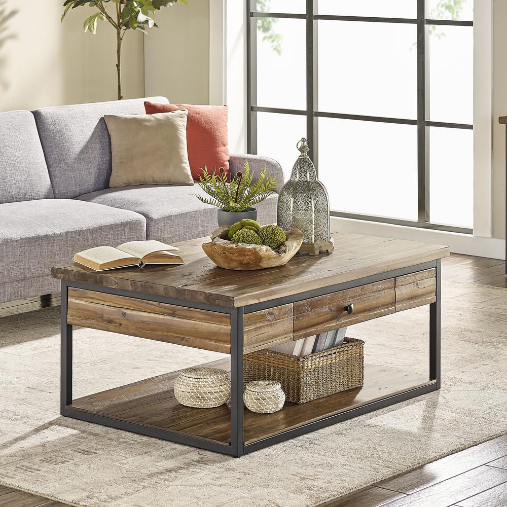 Claremont 48"L Rustic Wood Coffee Table with Drawer and Low Shelf. Picture 2