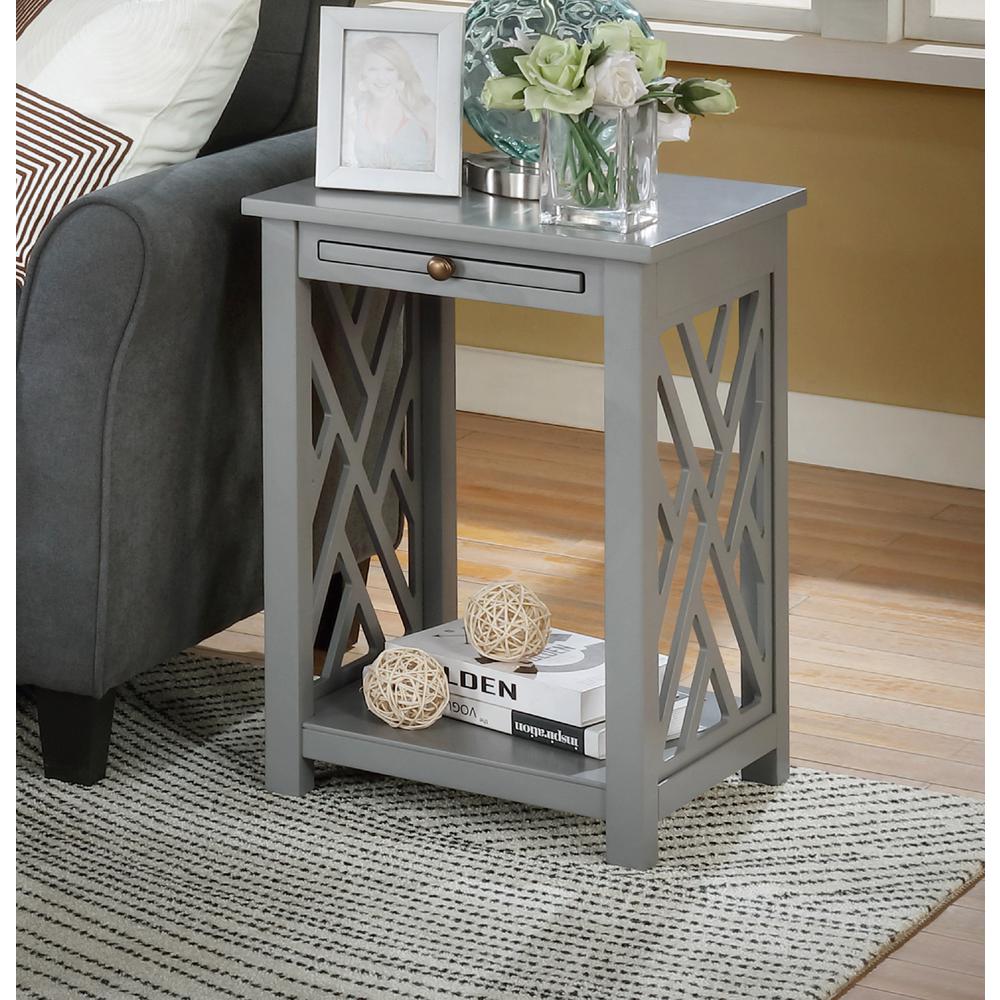 Coventry Wood End Table with Tray Shelf and Bottom Shelf, Gray. Picture 7