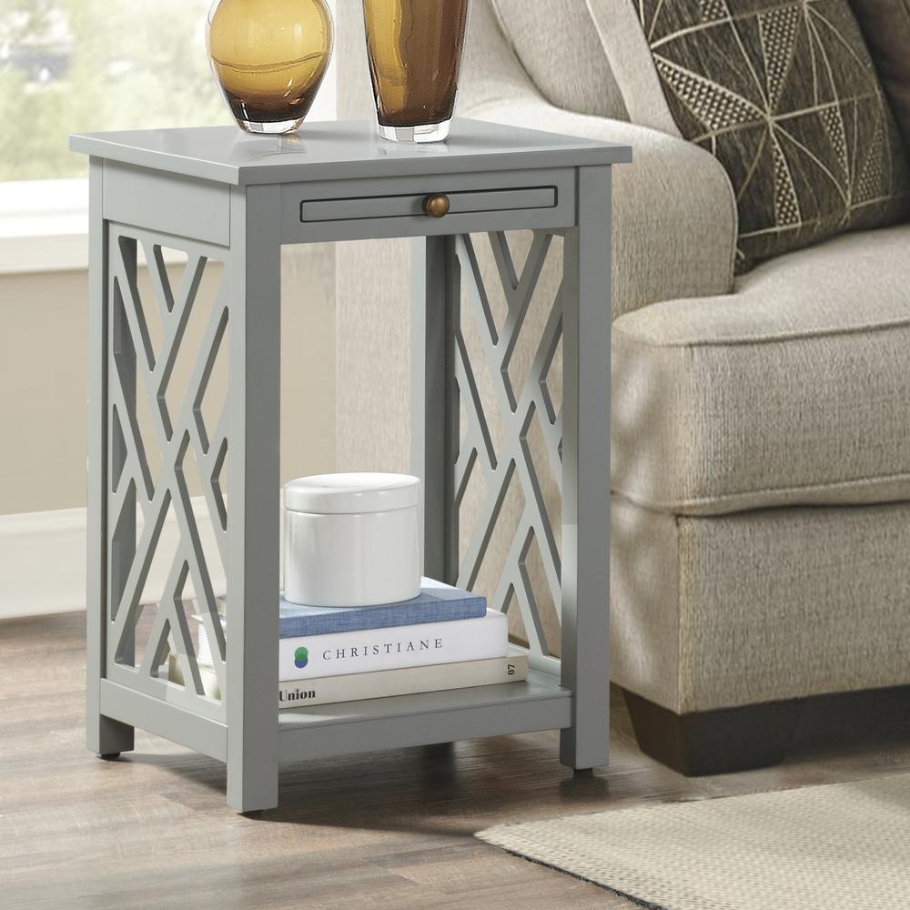 Coventry Wood End Table with Tray Shelf and Bottom Shelf, Gray. Picture 3