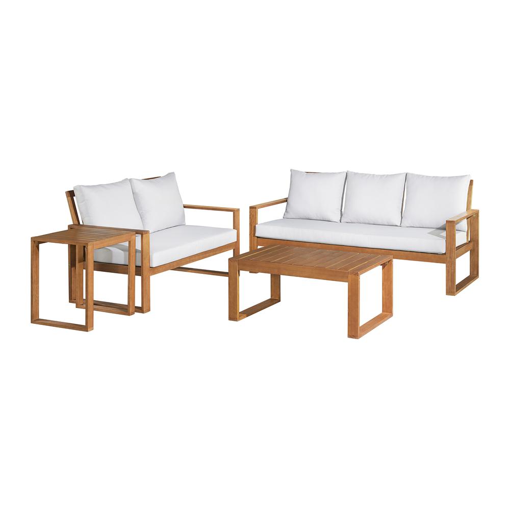 Grafton Eucalyptus Wood 4-Piece Outdoor Conversation Set with 2-Seat Bench, 3-Seat Bench, Coffee Table and Cocktail Table. Picture 2