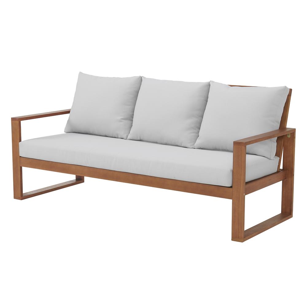 Grafton Eucalyptus 3-Seat Outdoor Bench with Gray Cushions. Picture 2