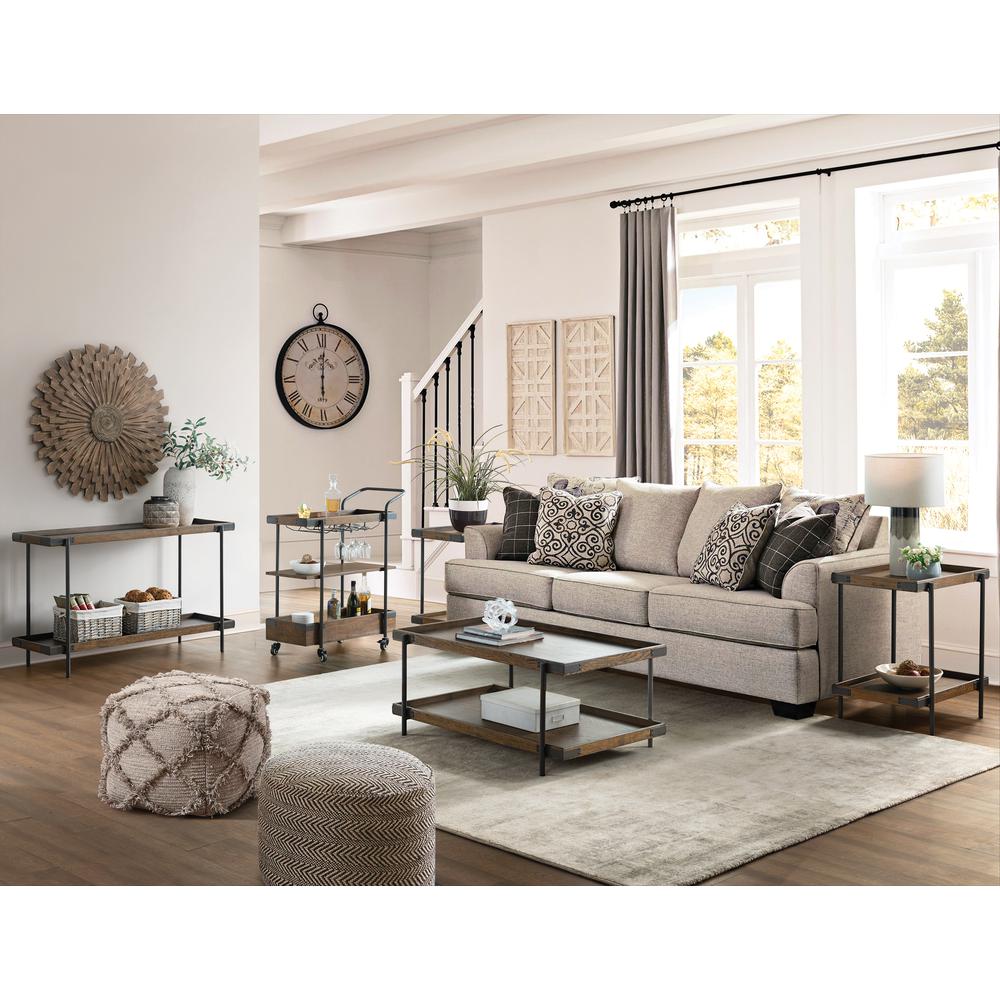 Kyra 5-Piece Oak and Metal Living Room Set with 42"L Coffee Table, Two Side Tables, Sofa/TV Console and Bar Cart. Picture 2