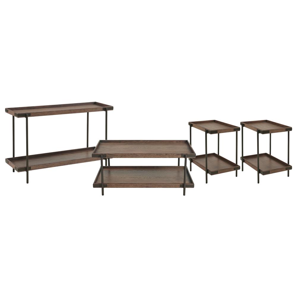 Kyra 4-Piece Oak and Metal Living Room Set with 42"L Coffee Table, Two Side Tables and Sofa/TV Console Table, Set of 4. Picture 1