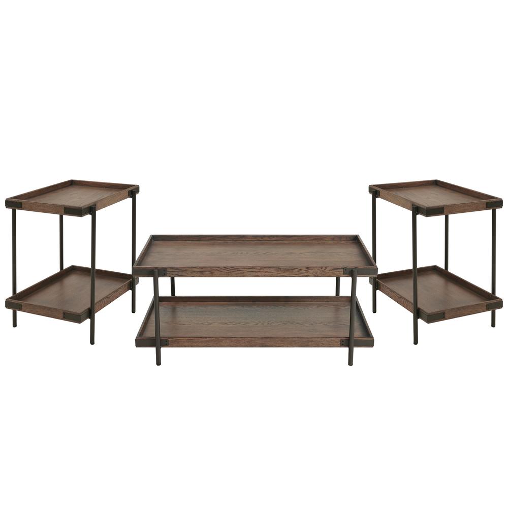 Kyra 3-Piece Oak and Metal Living Room Set with Two 27" Side Tables and 42"L Coffee Table. Picture 1