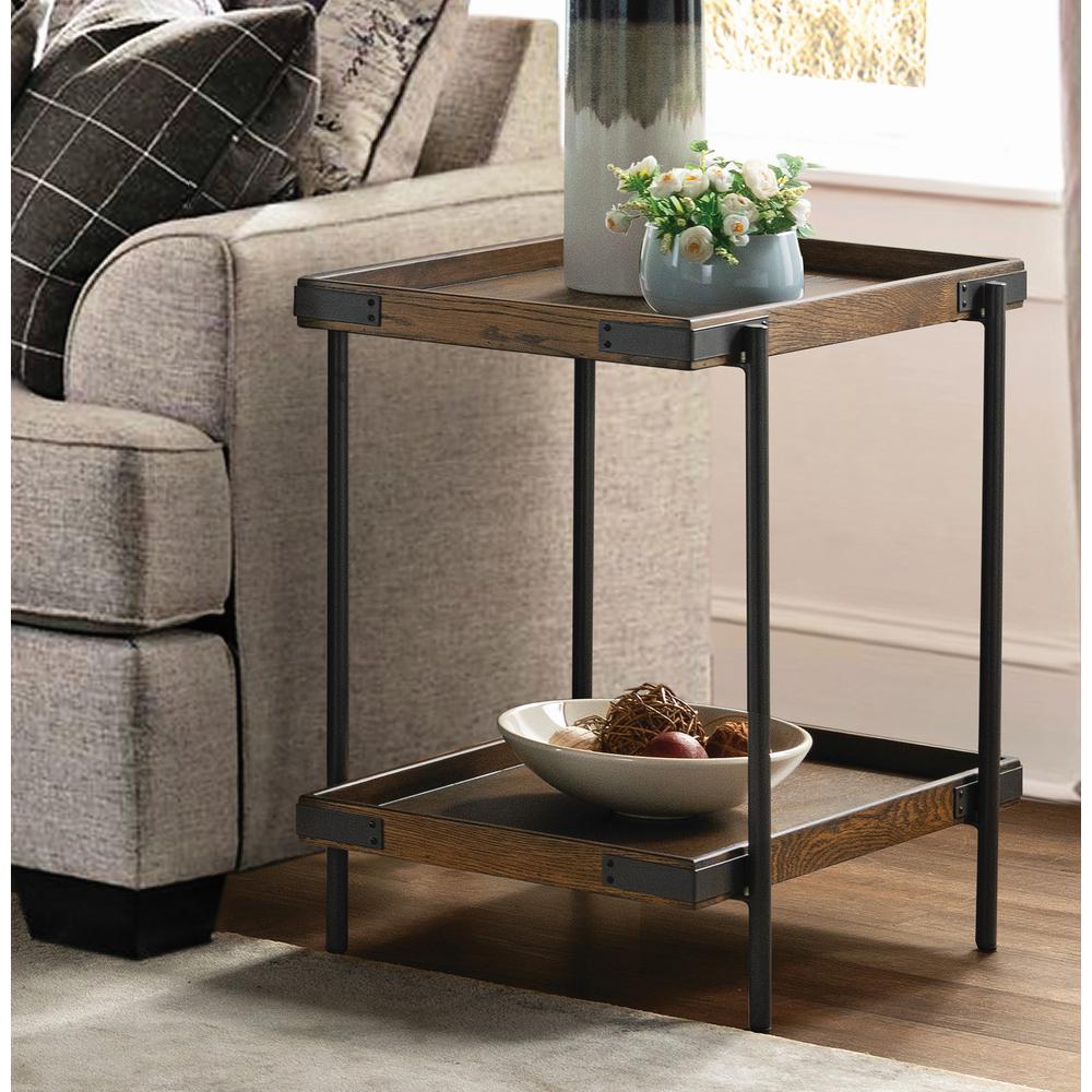 Kyra 27" Oak and Metal Side Table with Shelf. Picture 2
