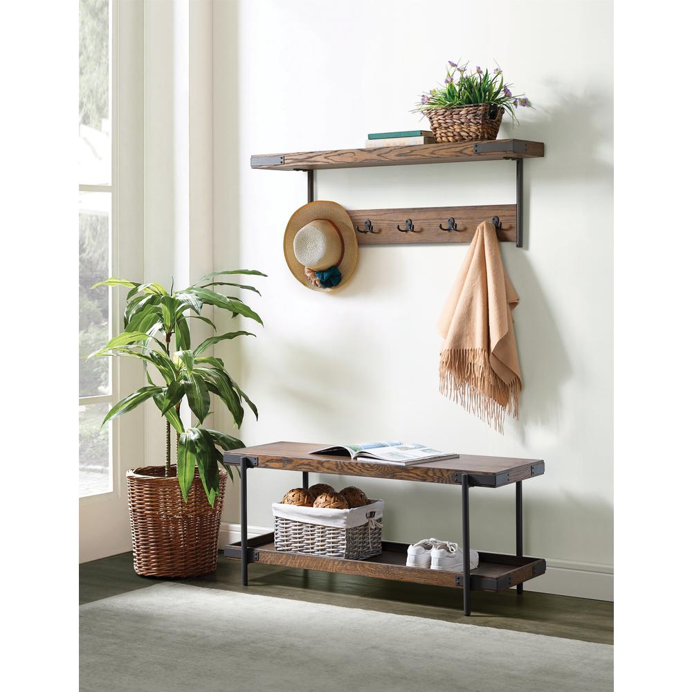 Kyra 42"L Oak and Metal Coat Hook with Shelf and Bench Set. Picture 2