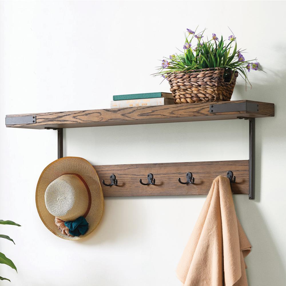 Kyra 42"L Oak and Metal Coat Hook with Shelf and Bench Set. Picture 9