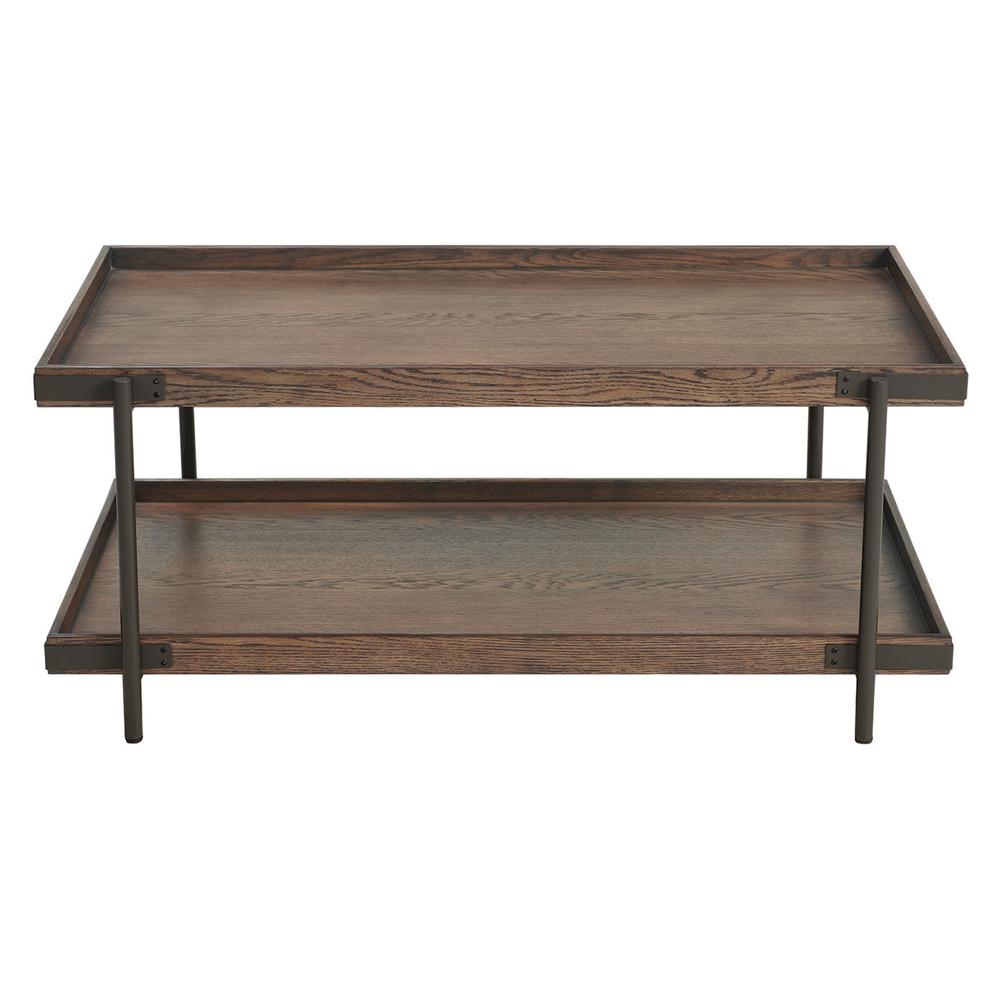 Kyra 42"L Oak and Metal Coffee Table with Shelf. Picture 1