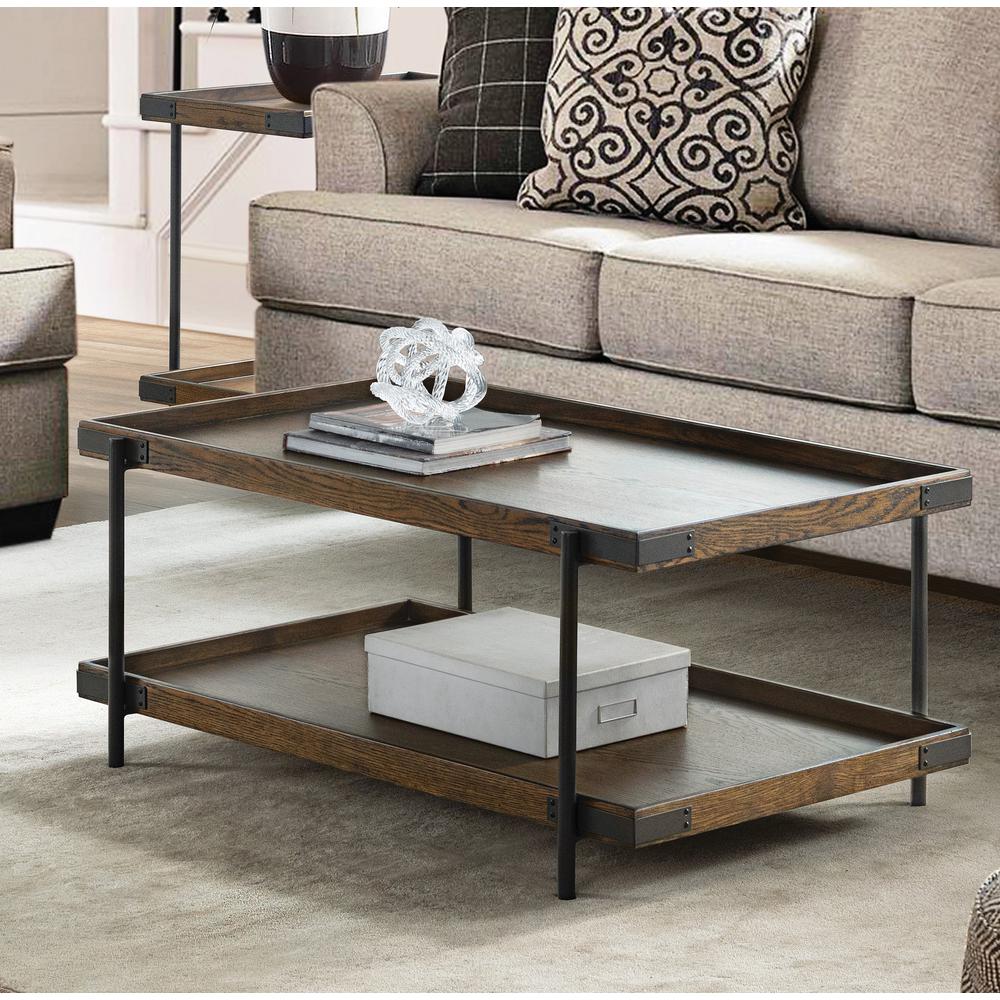 Kyra 42"L Oak and Metal Coffee Table with Shelf. Picture 2