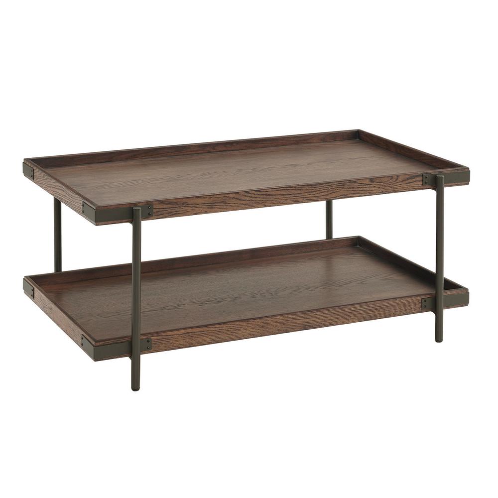 Kyra 42"L Oak and Metal Coffee Table with Shelf. Picture 3