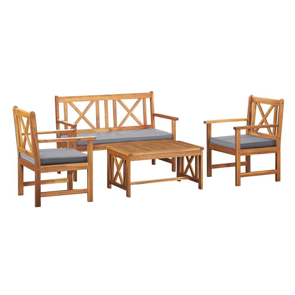 Manchester Acacia Outdoor Wood Conversation Set with Double Seat Bench, Coffee Table and 2 Chairs, Set 4. Picture 2