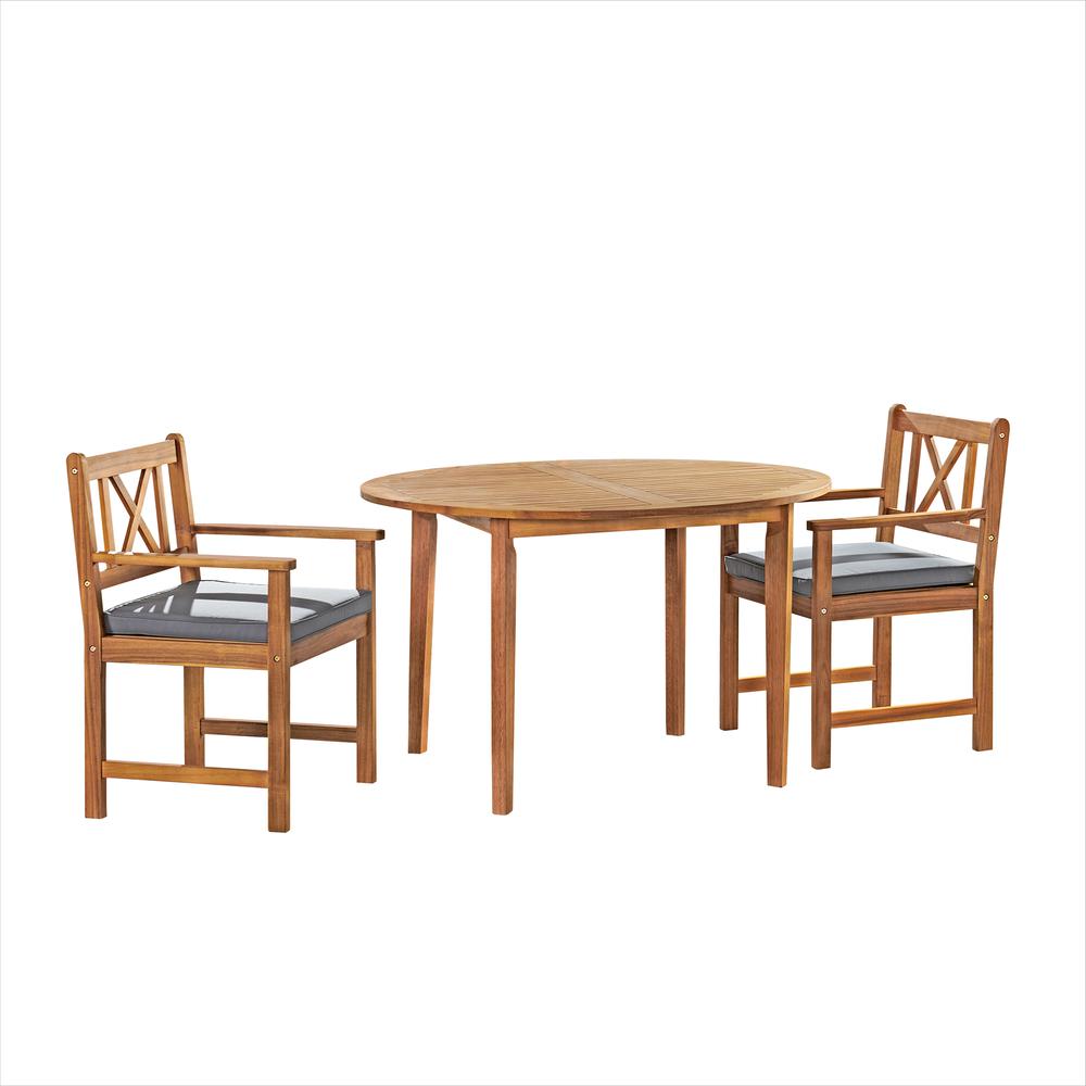Manchester Acacia Wood Outdoor Dining Set with Round Dining Table, 2 Dining Chairs with Cushions, Set of 3. Picture 2