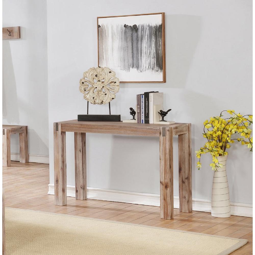 Woodstock Acacia Wood with Metal Inset Media Console Table, Brushed Driftwood. Picture 2