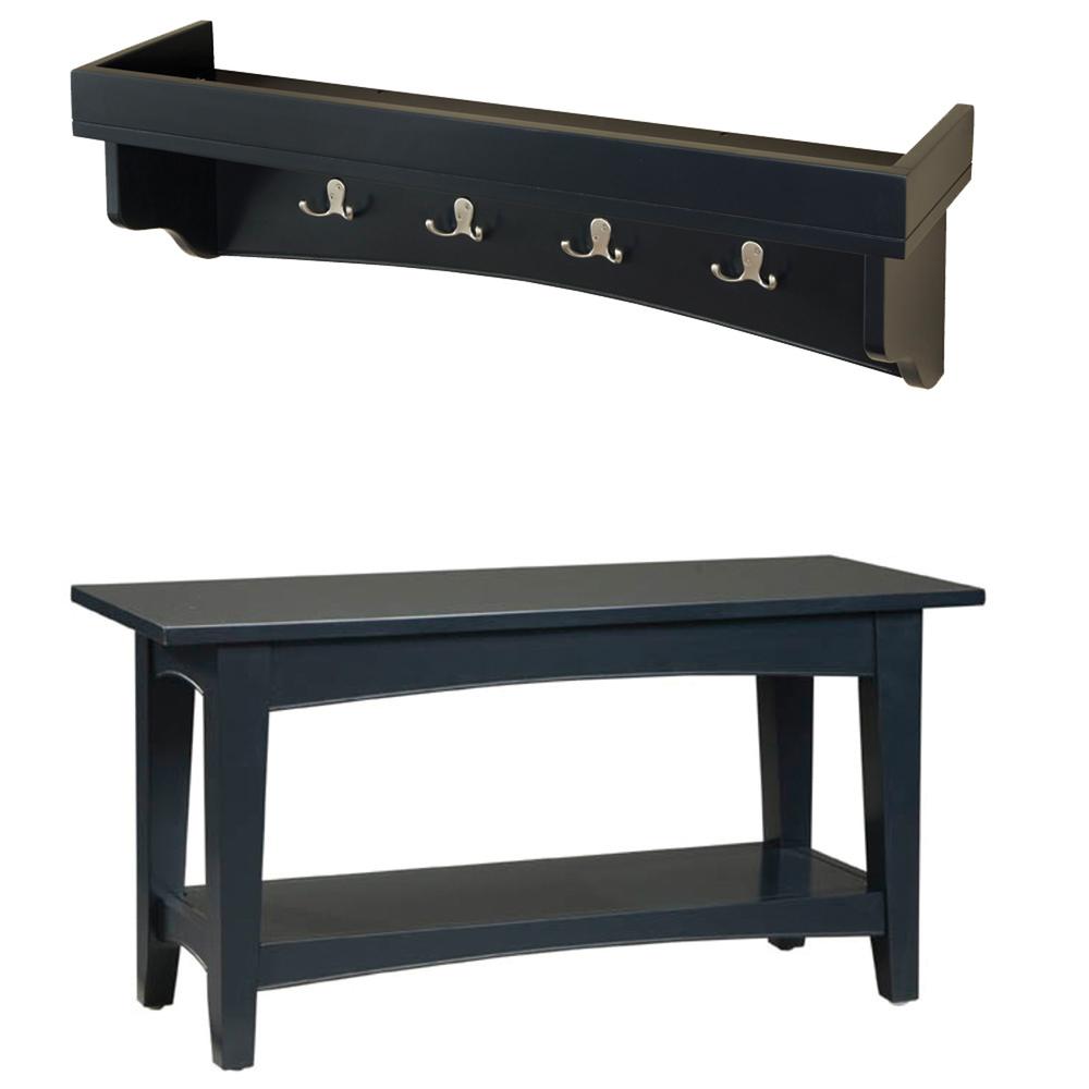 Shaker Cottage Tray Shelf Coat Hook with Bench Set, Charcoal Gray. Picture 1