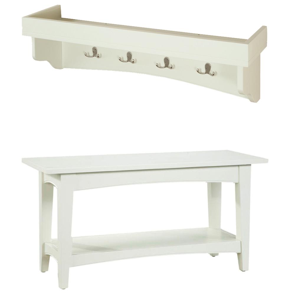 Shaker Cottage Tray Shelf Coat Hook with Bench Set, Ivory. Picture 1