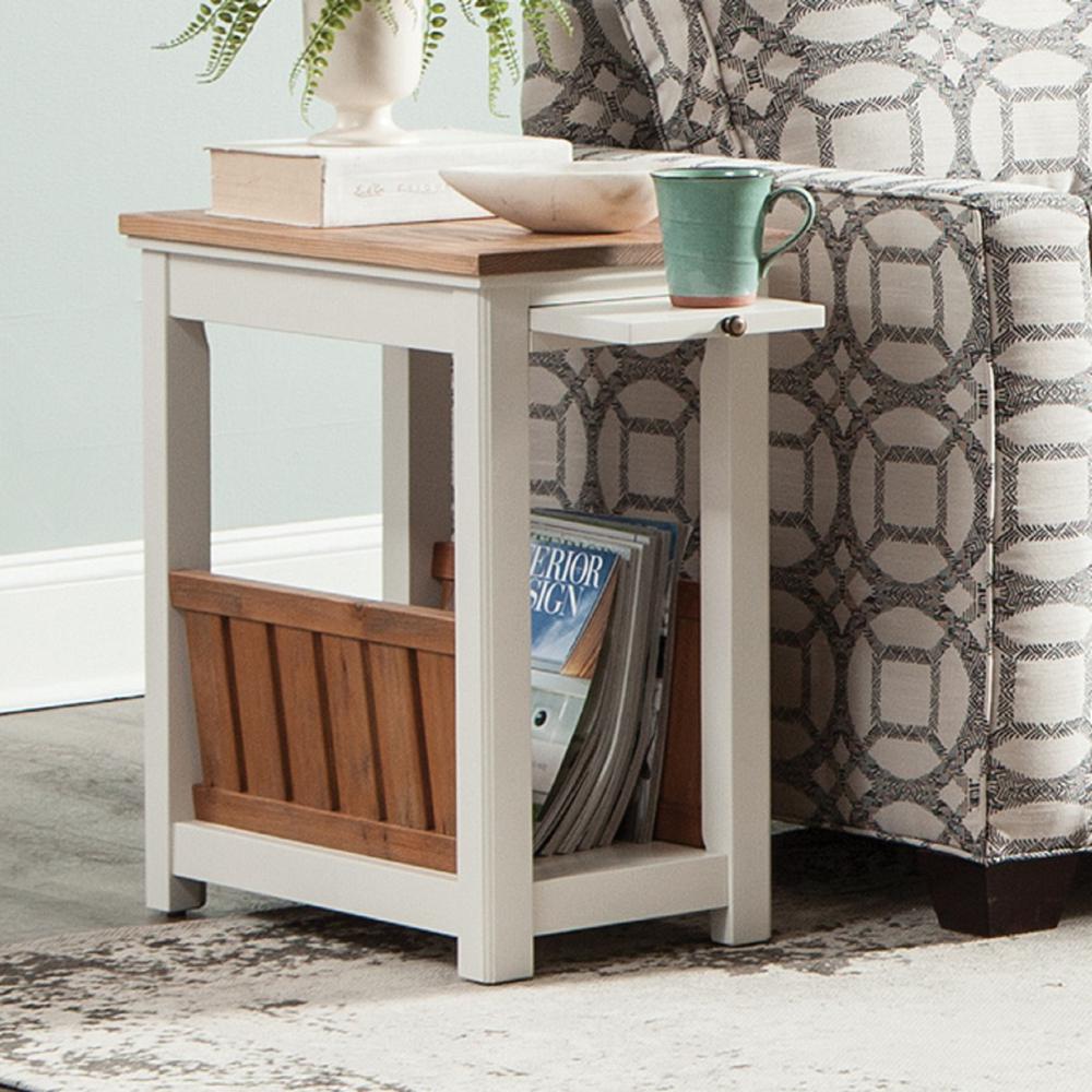 Savannah Chairside Magazine End Table with Pull-out Shelf, Ivory with Natural Wood Top. Picture 3