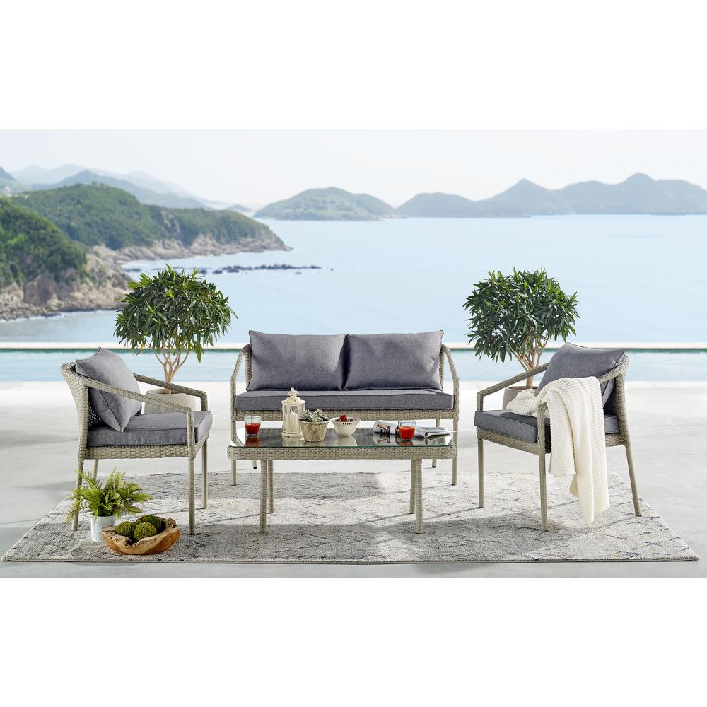 Windham All-Weather Wicker Outdoor Conversation Set with 42"L Coffee Table, Set of Two Chairs and Two-Seat Bench. Picture 3