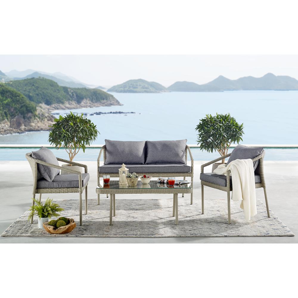 Windham All-Weather Wicker Outdoor Conversation Set with 42"L Coffee Table, Set of Two Chairs and Two-Seat Bench. Picture 24