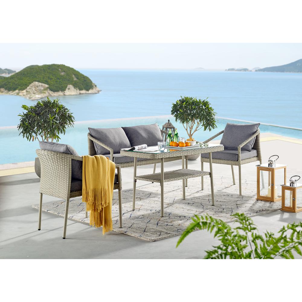 Windham All-Weather Wicker Outdoor Conversation Set with 26"H Cocktail Table, Set of Two Chairs and Two-Seat Bench. Picture 16