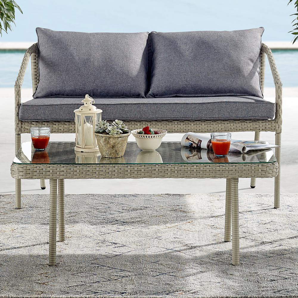 Windham All-Weather Wicker Outdoor 42"L Coffee Table with Glass Top. Picture 14