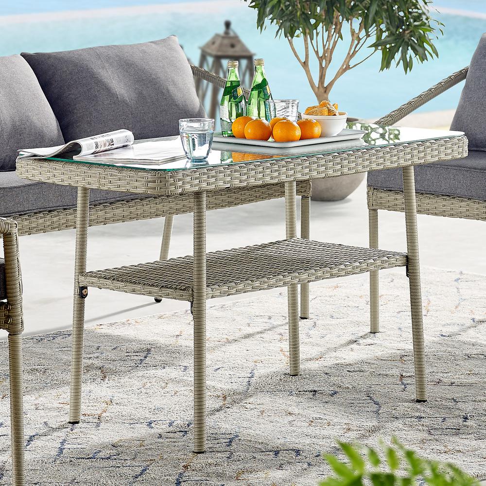 Windham All-Weather Wicker Outdoor 26"H Cocktail Table with Glass Top. Picture 14