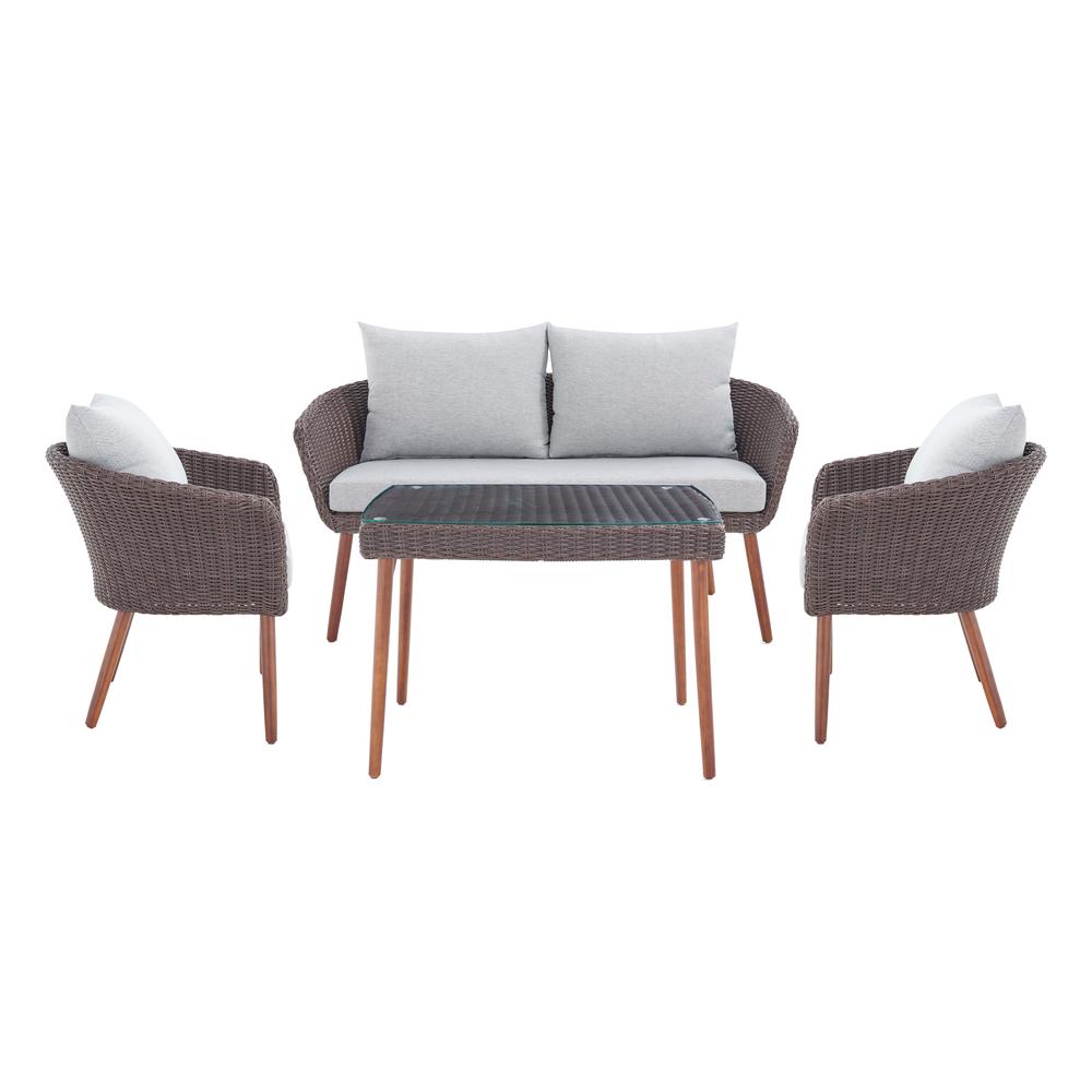 Athens All-Weather Wicker Outdoor Conversation Set with 26"H Cocktail Table, Set of Two Chairs and Two-Seat Bench. Picture 12