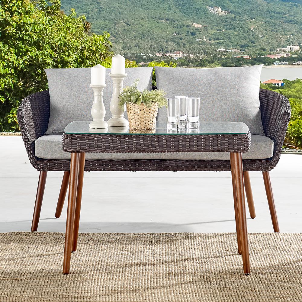 Athens All-Weather Wicker Two-Seat Outdoor Brown Bench with Light Gray Cushions. Picture 24