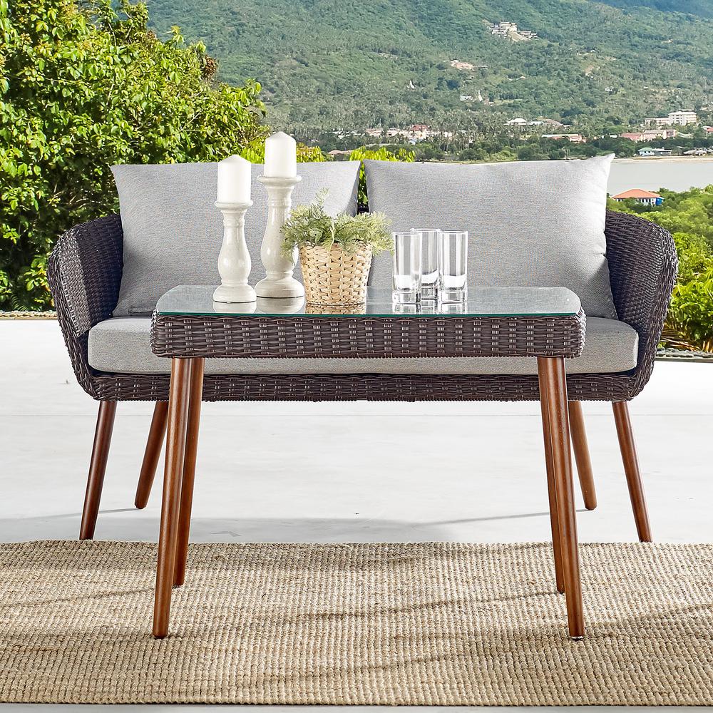 Athens All-Weather Wicker Outdoor 26"H Cocktail Table with Glass Top. Picture 15