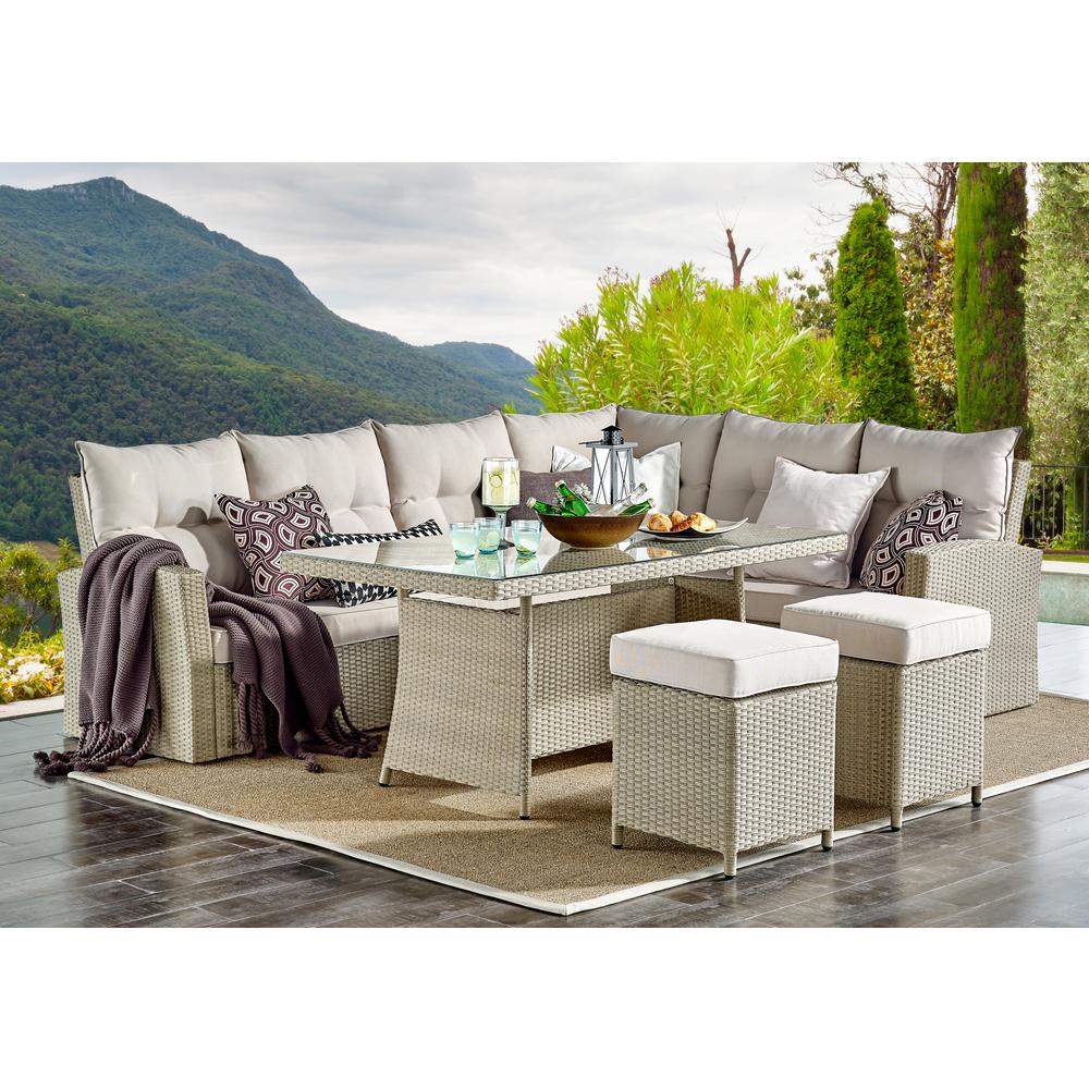 Canaan All-Weather Wicker Outdoor Deep-Seat Dining Sectional Set with Sofa, Loveseat, 26"H Cocktail Table and Two Stools. Picture 17
