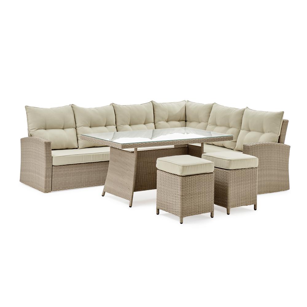 Canaan All-Weather Wicker Outdoor Deep-Seat Dining Sectional Set with Sofa, Loveseat, 26"H Cocktail Table and Two Stools. Picture 2