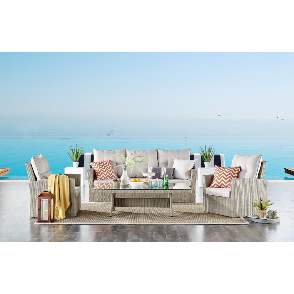 Canaan All-Weather Wicker Outdoor Deep-Seat Dining Set with Sofa, Two Arm Chairs and 57"L Coffee Table. Picture 7