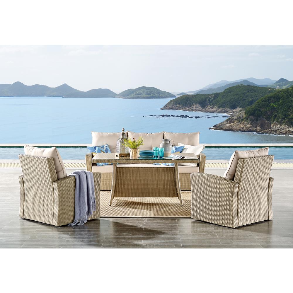 Canaan All-Weather Wicker Outdoor Deep-Seat Dining Set with Sofa, Two Arm Chairs and High Cocktail Table. Picture 3