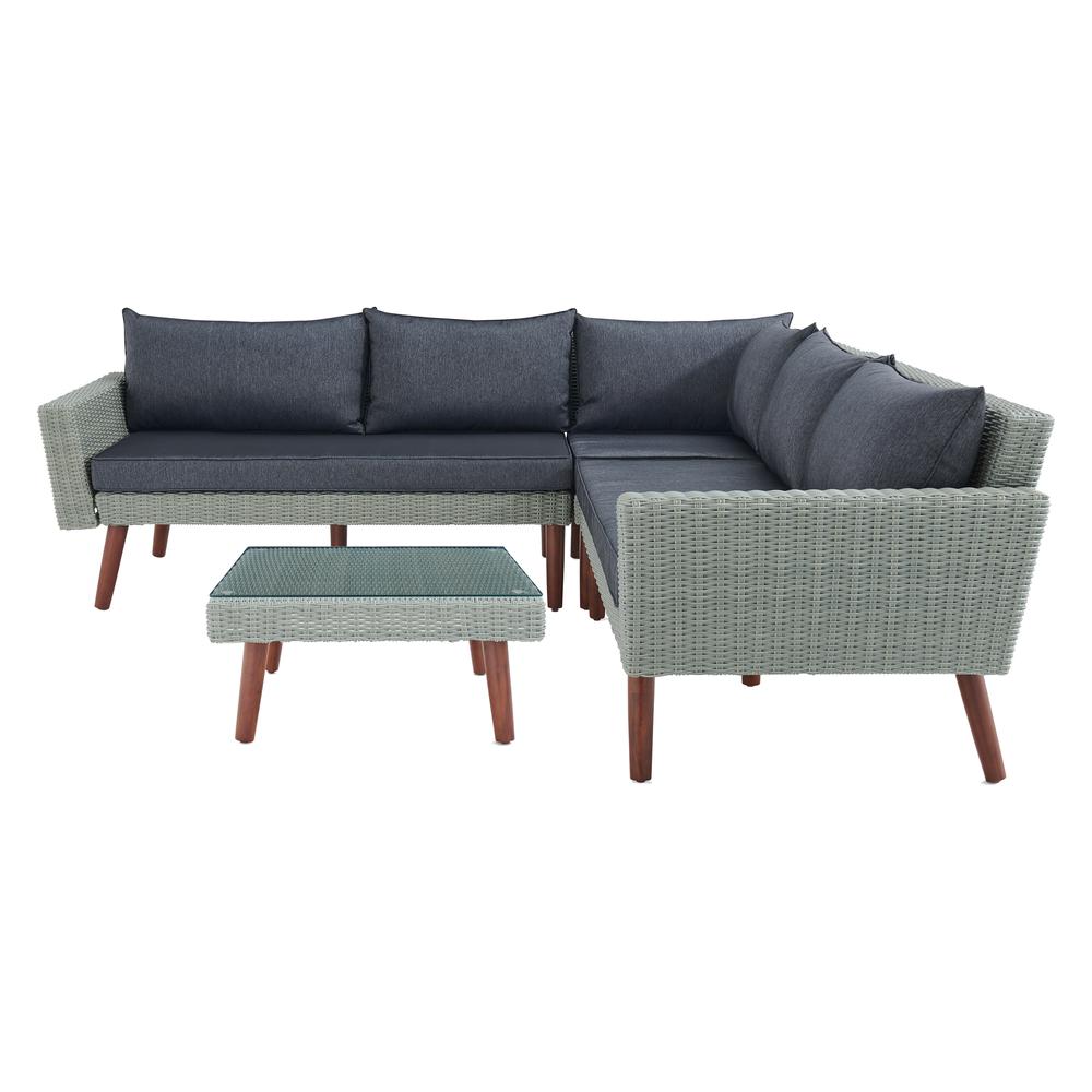 Albany All-Weather Wicker Outdoor Gray Corner Sectional Sofa with 29" Square Coffee Table Set. Picture 1