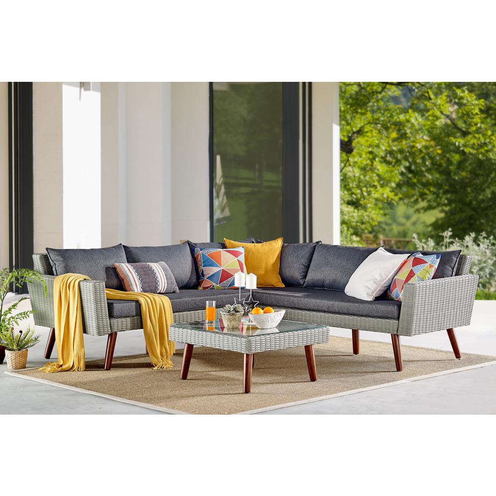 Albany All-Weather Wicker Outdoor Gray 29 W" Square Coffee Table with Glass Top. Picture 14